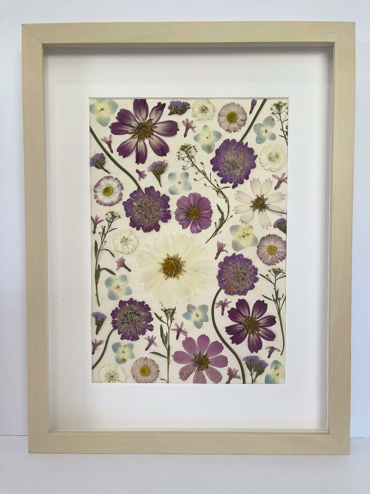 Stardust pressed flower artwork in a light frame
